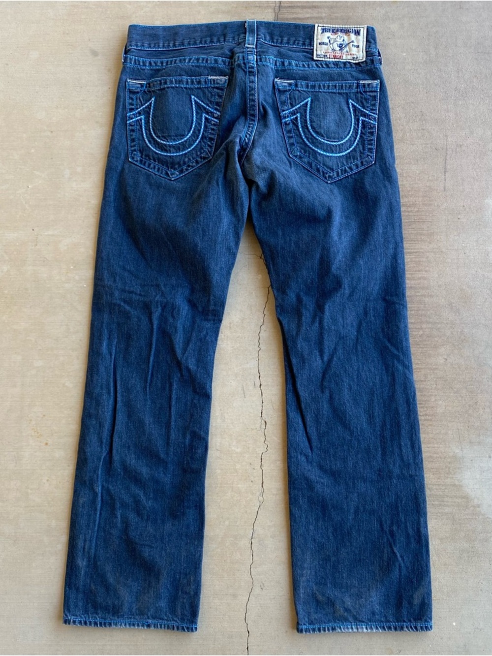 True Religion Straight Denim Jeans Blue Chain Stitching Grunge Glo Gang Opium